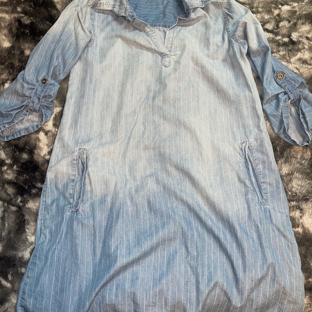 Light Blue Striped Cotton & Tencel Luxology Dress with Rolled Button Sleeves